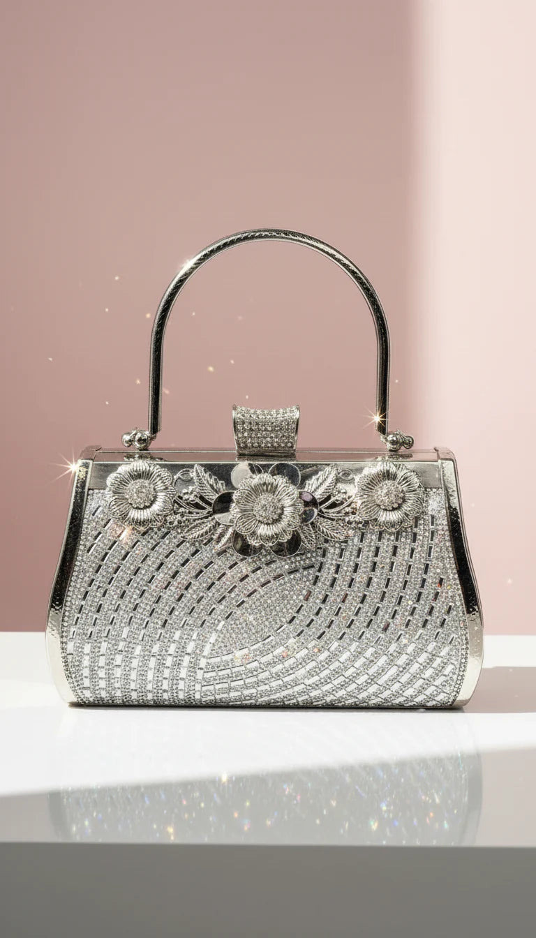 Floral Decor Curved Crystal Clutch Bag