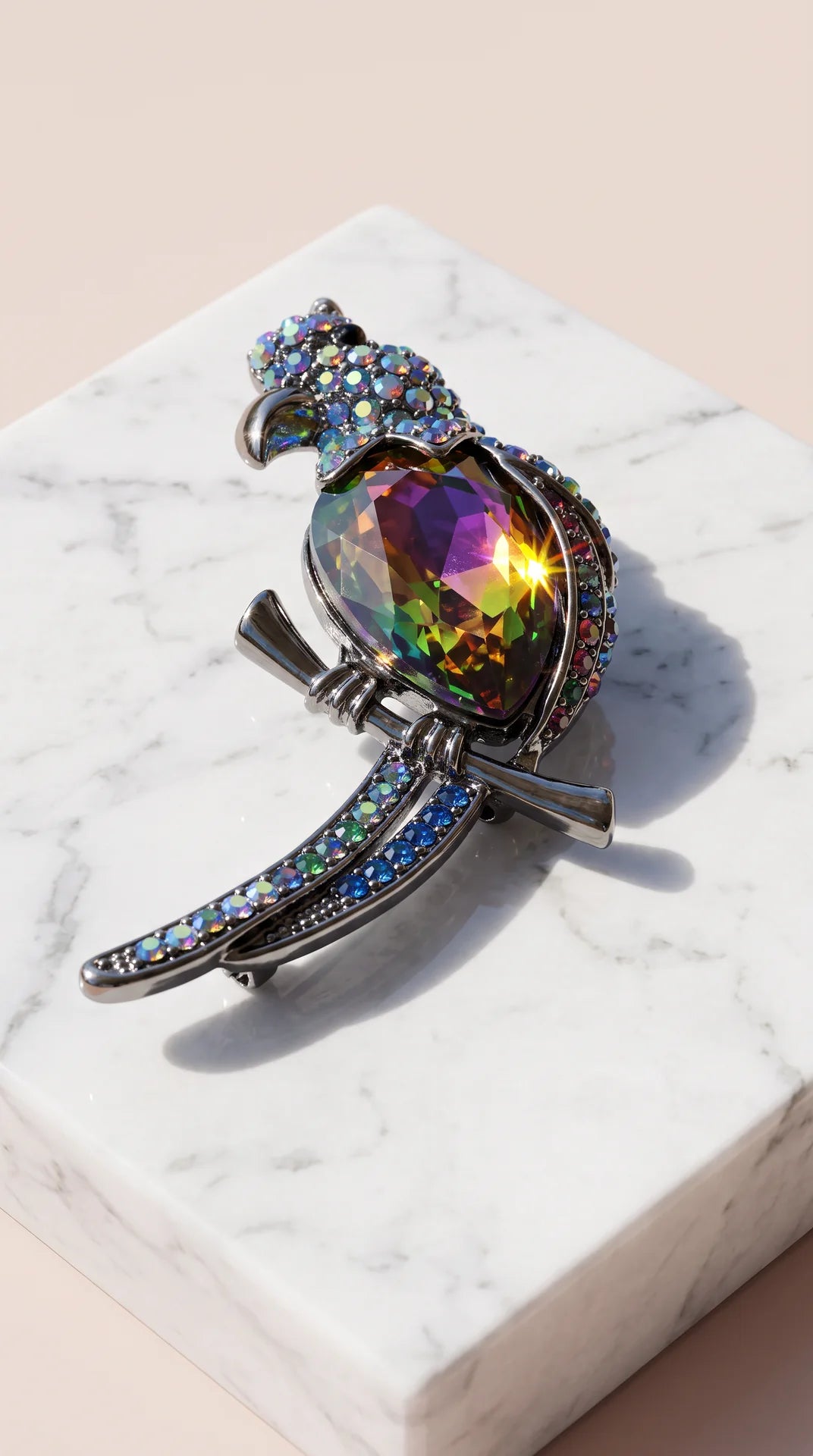 Parrot With Perch Crystal Brooch Pin