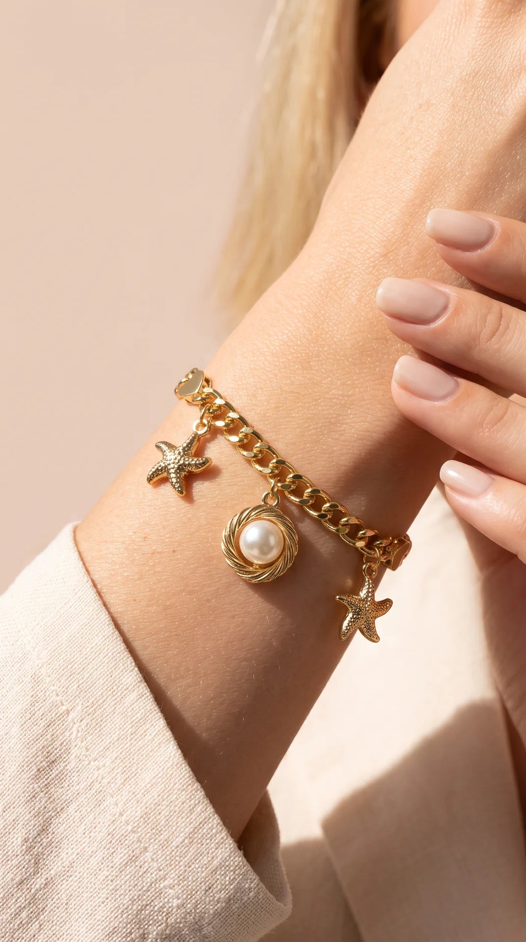 Starfish & Pearl Gold Plated Charm Bracelet