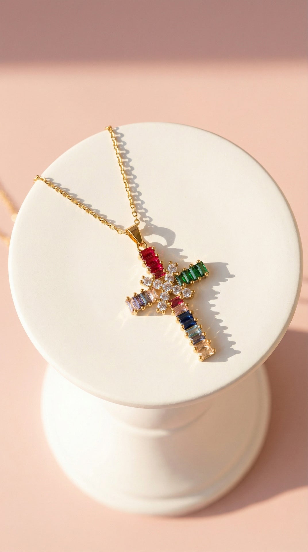 Layered Rainbow Crystal Cross Stainless Steel Necklace