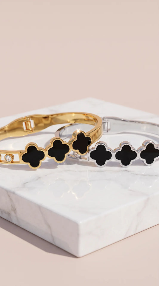 Clover Black Enamel Gold Plated Stainless Steel Bangle