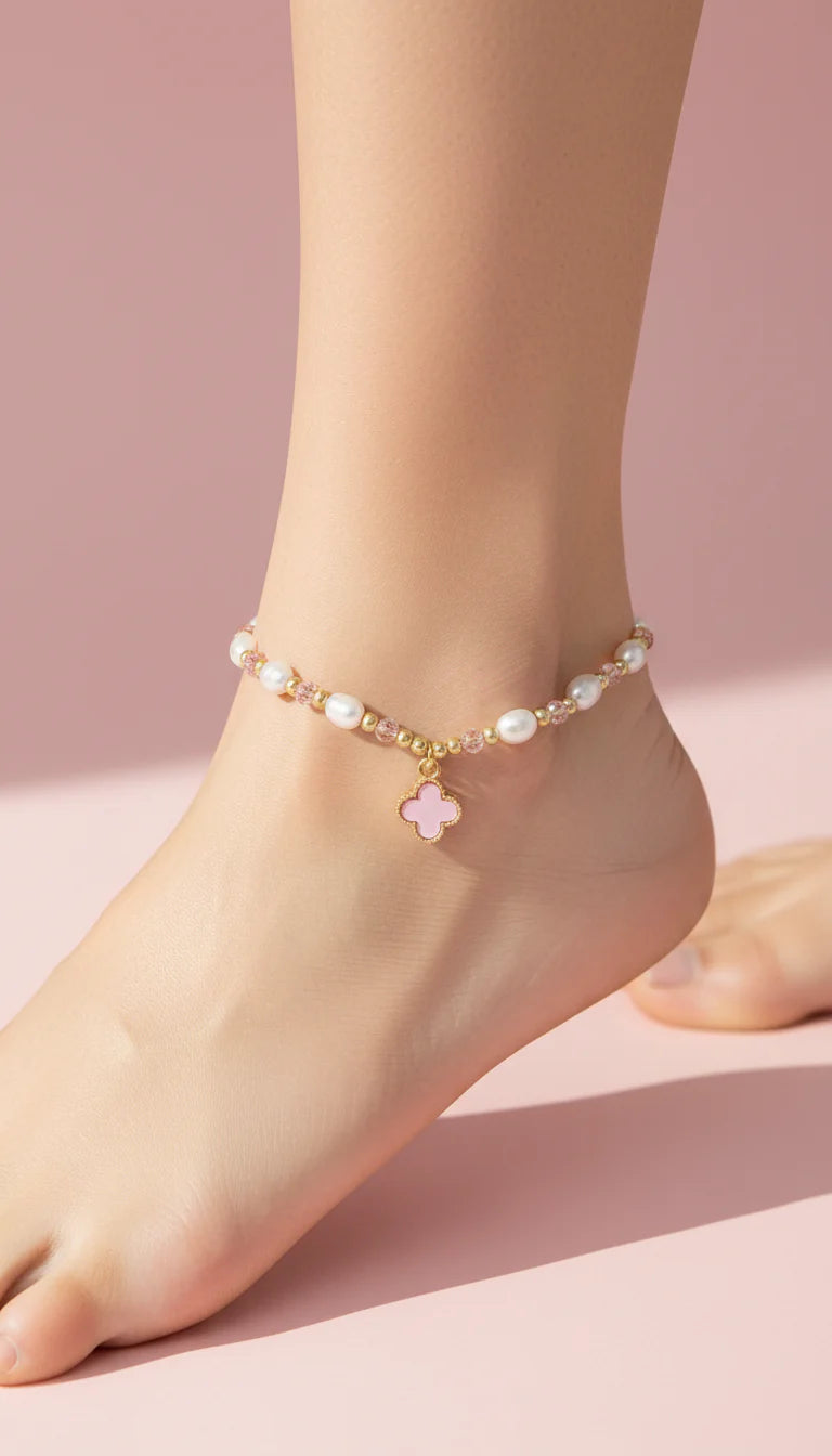 Clover & Pearl Beaded Pull Tie Anklet