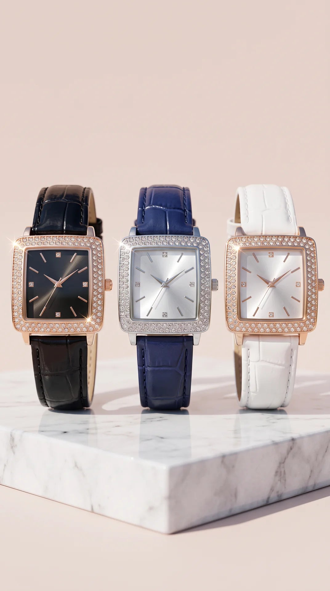 Square Crystal Bezel Watch – Elegant Leather-Style Strap
