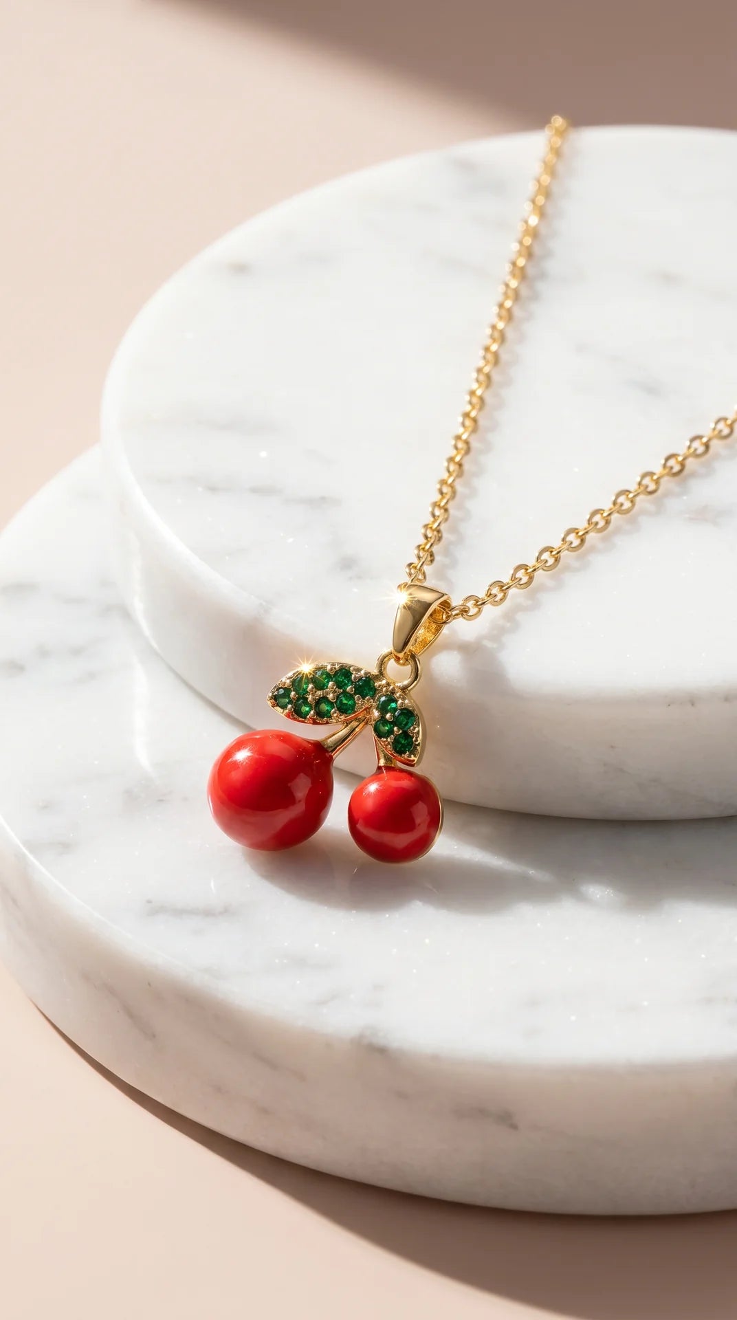 Red Cherry Crystal Gold Plated Steel Pendant Necklace