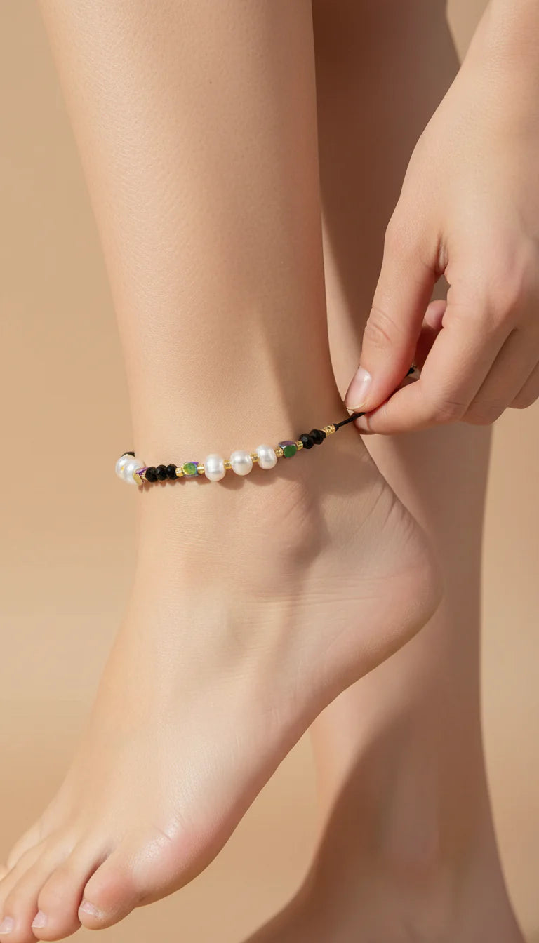 Faceted Beaded & Pearl Pull Tie Anklet