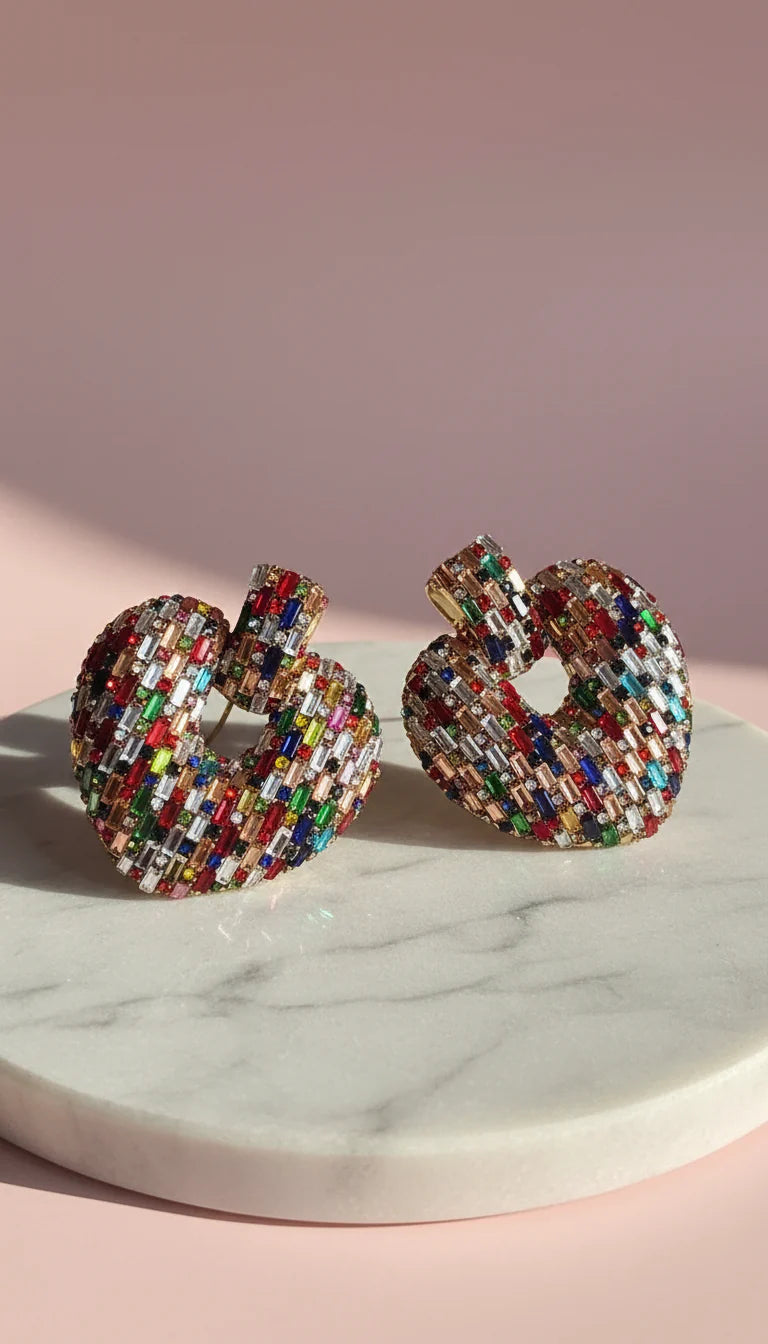 Rainbow Crystal Heart Statment Earrings