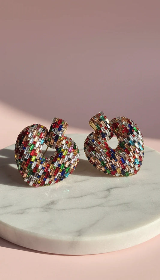 Rainbow Crystal Heart Statment Earrings