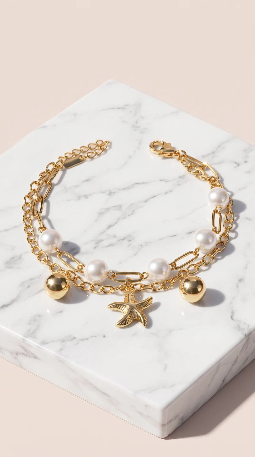 Gold Plated Pearl & Starfish Charm Bracelet