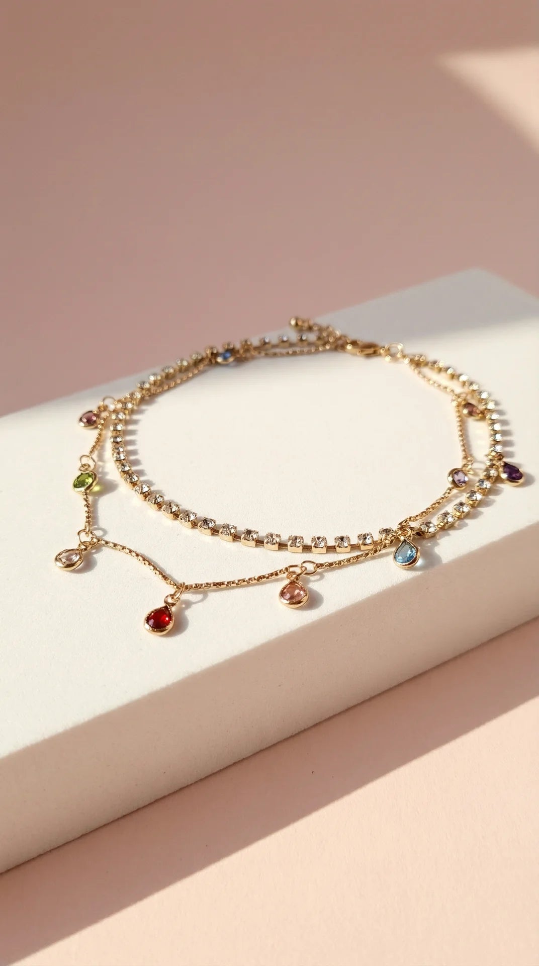 Layered Rainbow Crystal Charm Tennis Anklet
