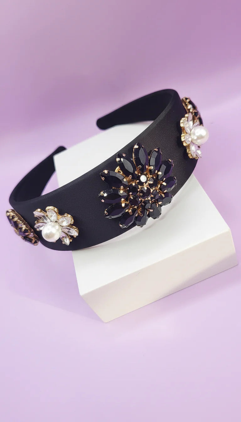 Crystal Flower & Pearls Satin Hair band