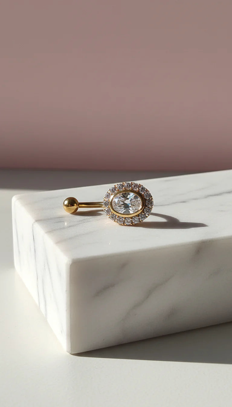 Oval Gold Plated Stainless Steel Crystal Belly Bar