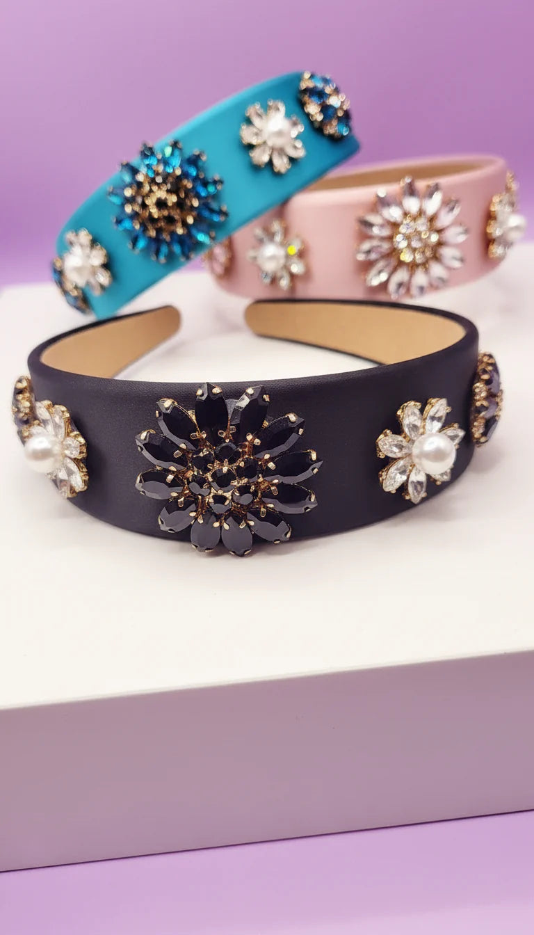 Crystal Flower & Pearls Satin Hair band