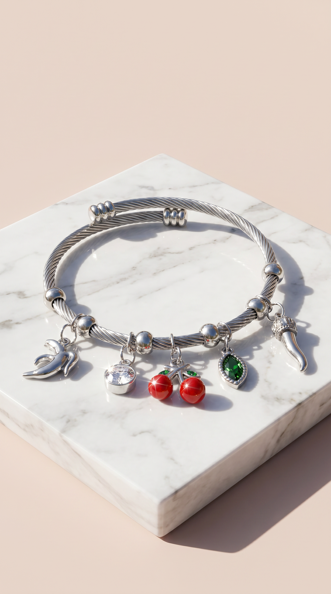 Cherry Fruit Gold Plated Steel Charm Bracelet