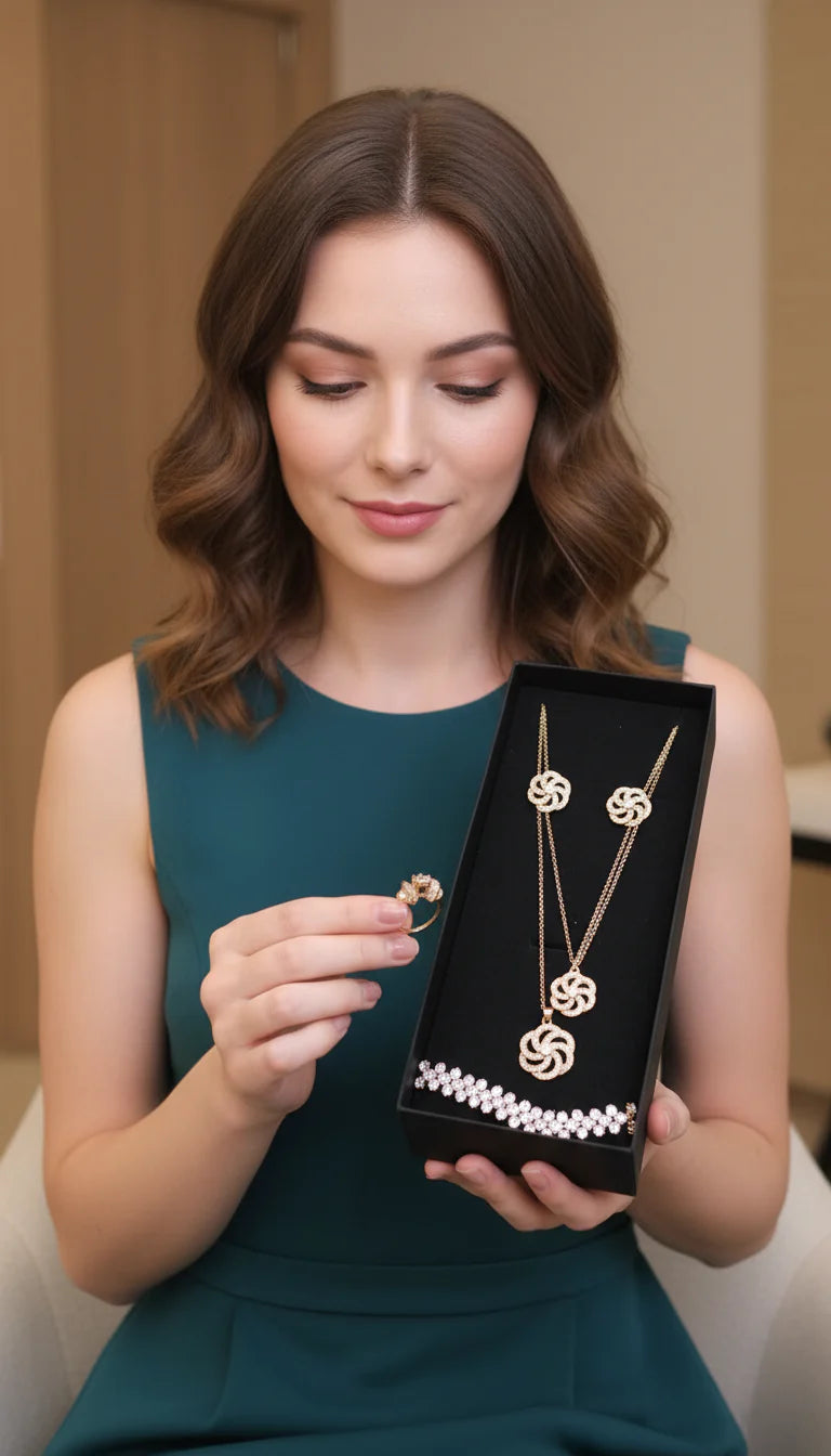 Layered Crystal Necklace, Bracelet, Earrings & Ring Set With Gift Box