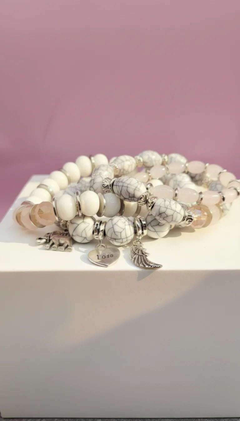 Elephant Love Charm Ceramic Beaded Bracelet Set