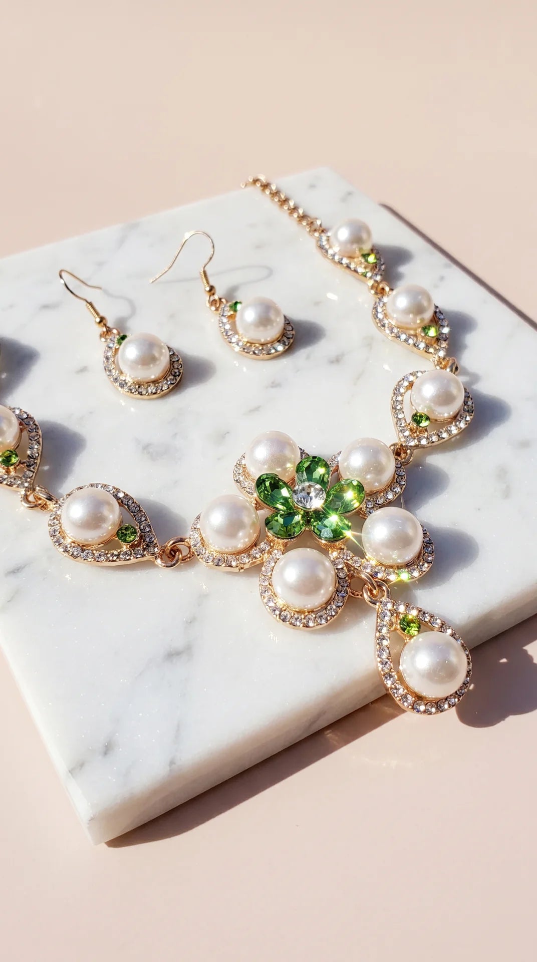 Floral Pearl Crystal Necklace & Earring Set