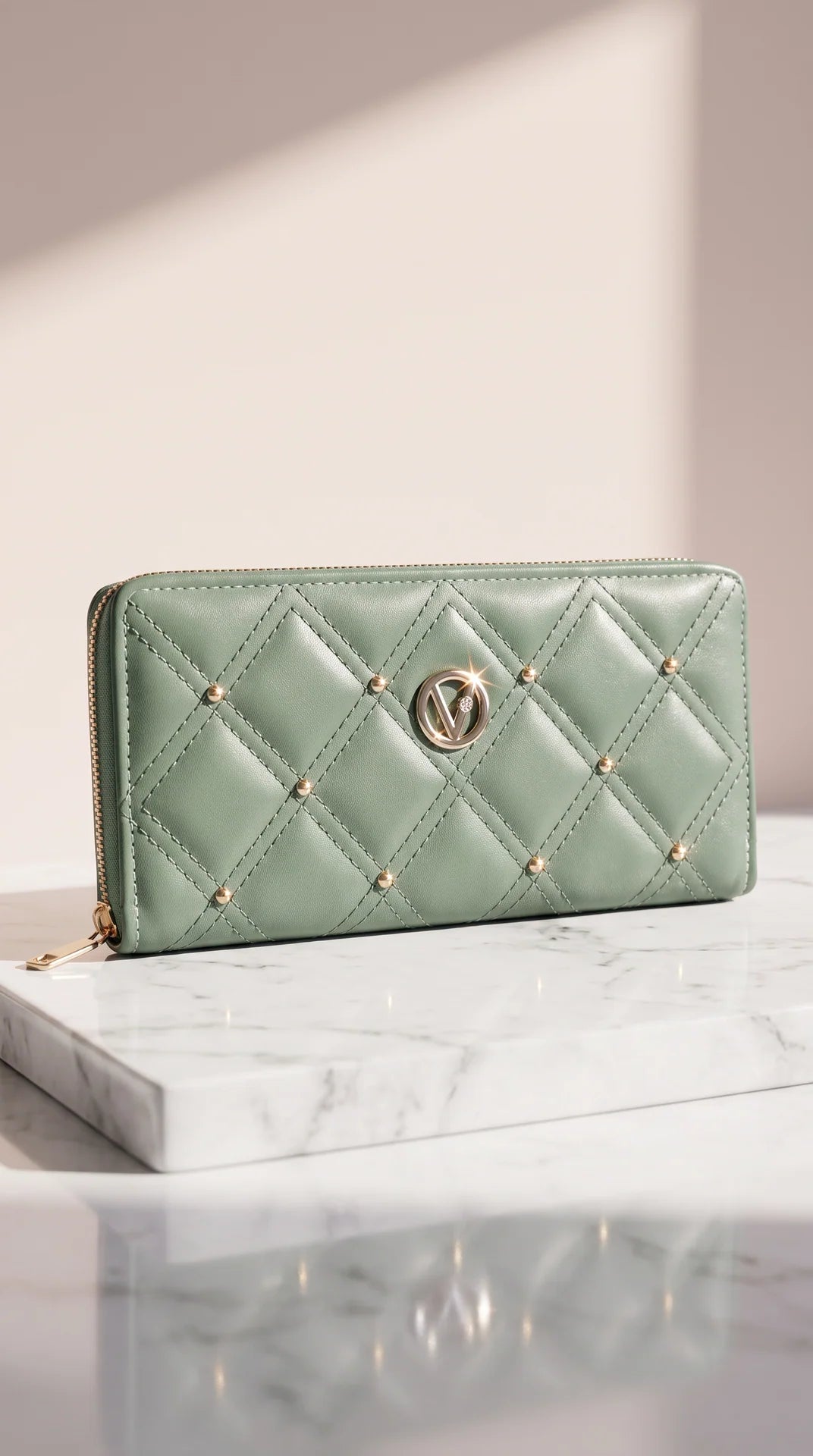 Quilted Studded Continental Zip-Around Wallet