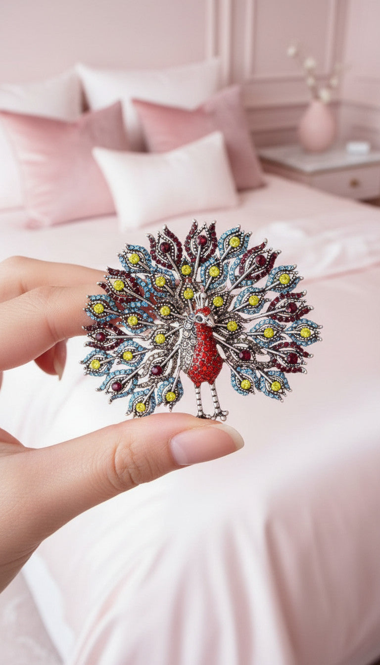 Crystal Silver Peacock Statement Brooch Rhinestone Pin