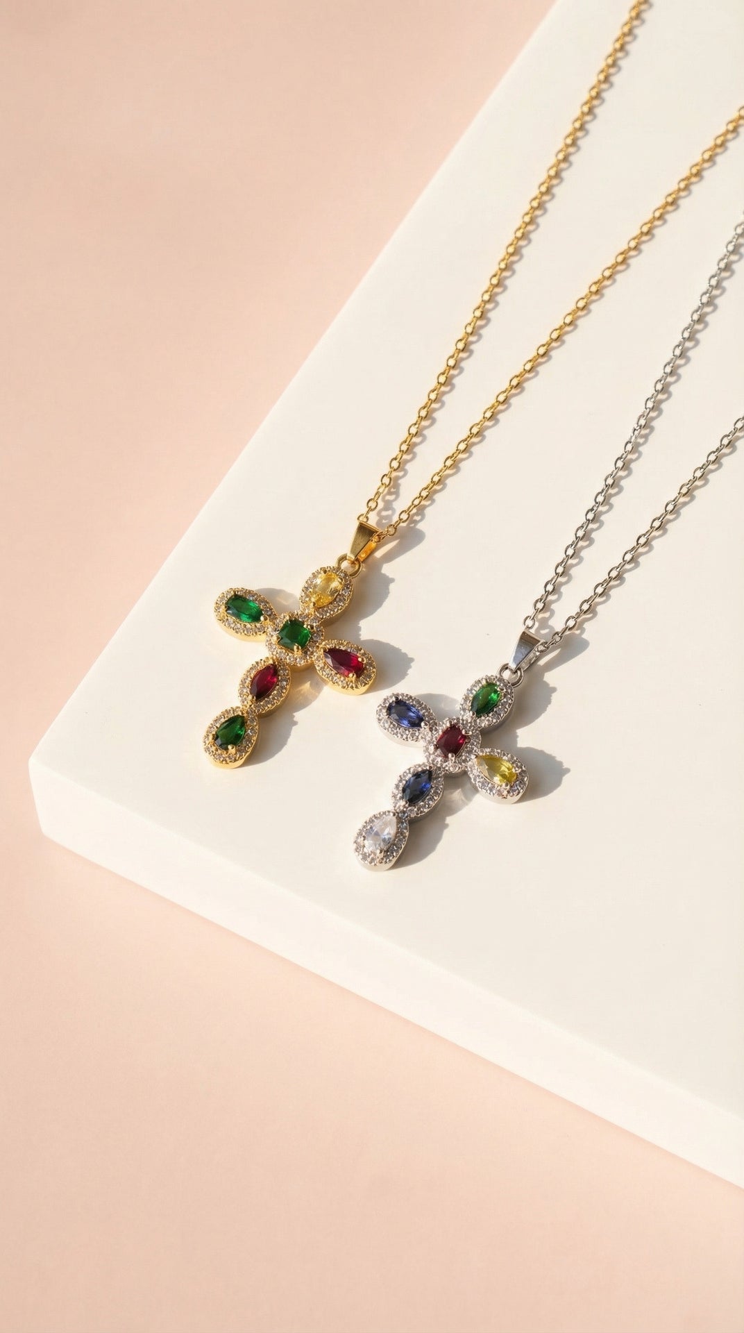 Rainbow Crystal Cross Stainless Steel Necklace