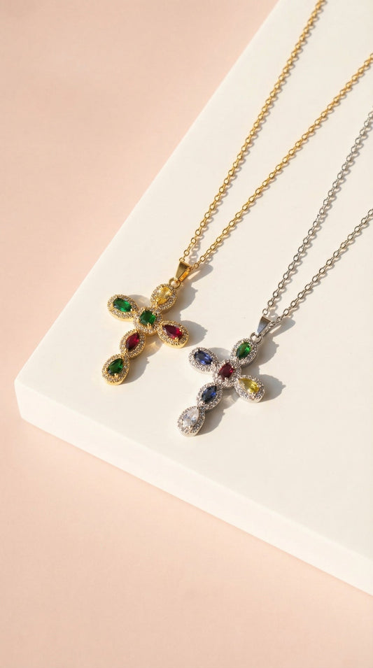 Waterproof Rainbow Crystal Cross Stainless Steel Necklace