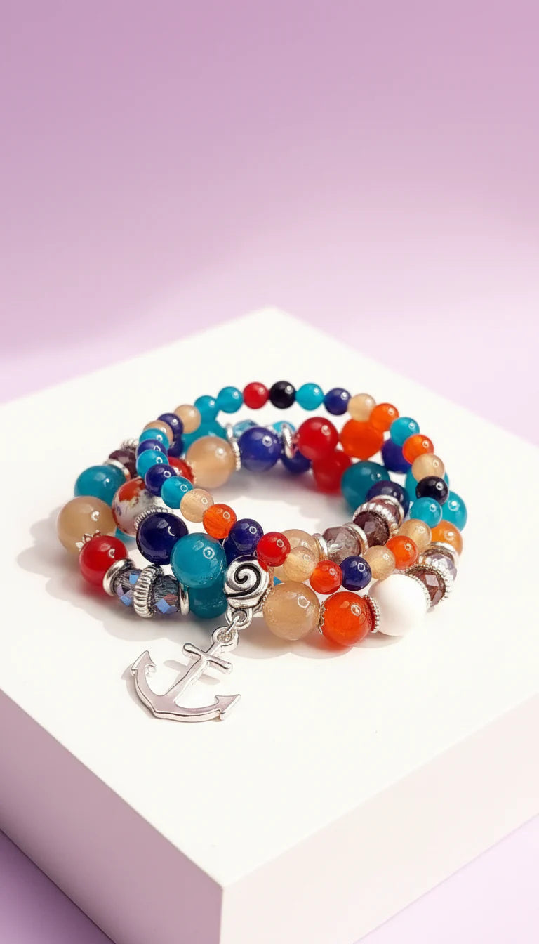 Anchor Charm Ceramic Beaded Bracelet Set