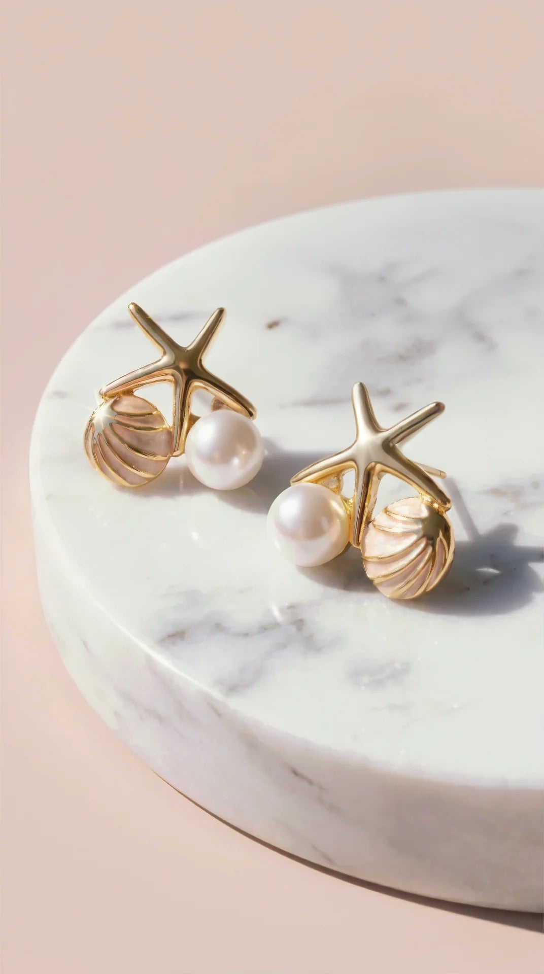 Starfish & Seashell Gold Plated Pearl Stud Earrings