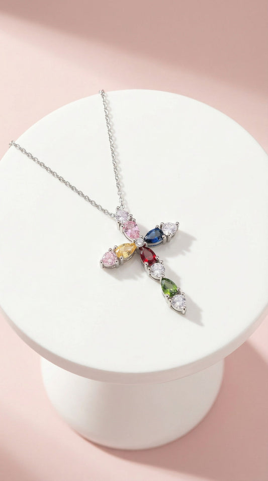 Oval Rainbow Crystal Cross Stainless Steel Necklace