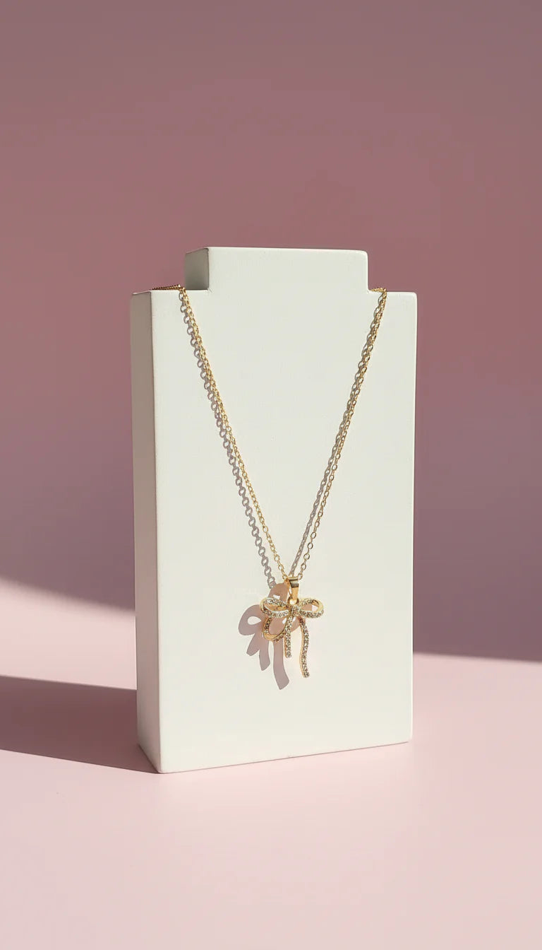 Bow Crystal Stainless Steel Gold Plated Pendant Necklace