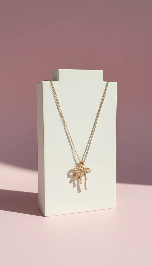 Bow Crystal Stainless Steel Gold Plated Pendant Necklace