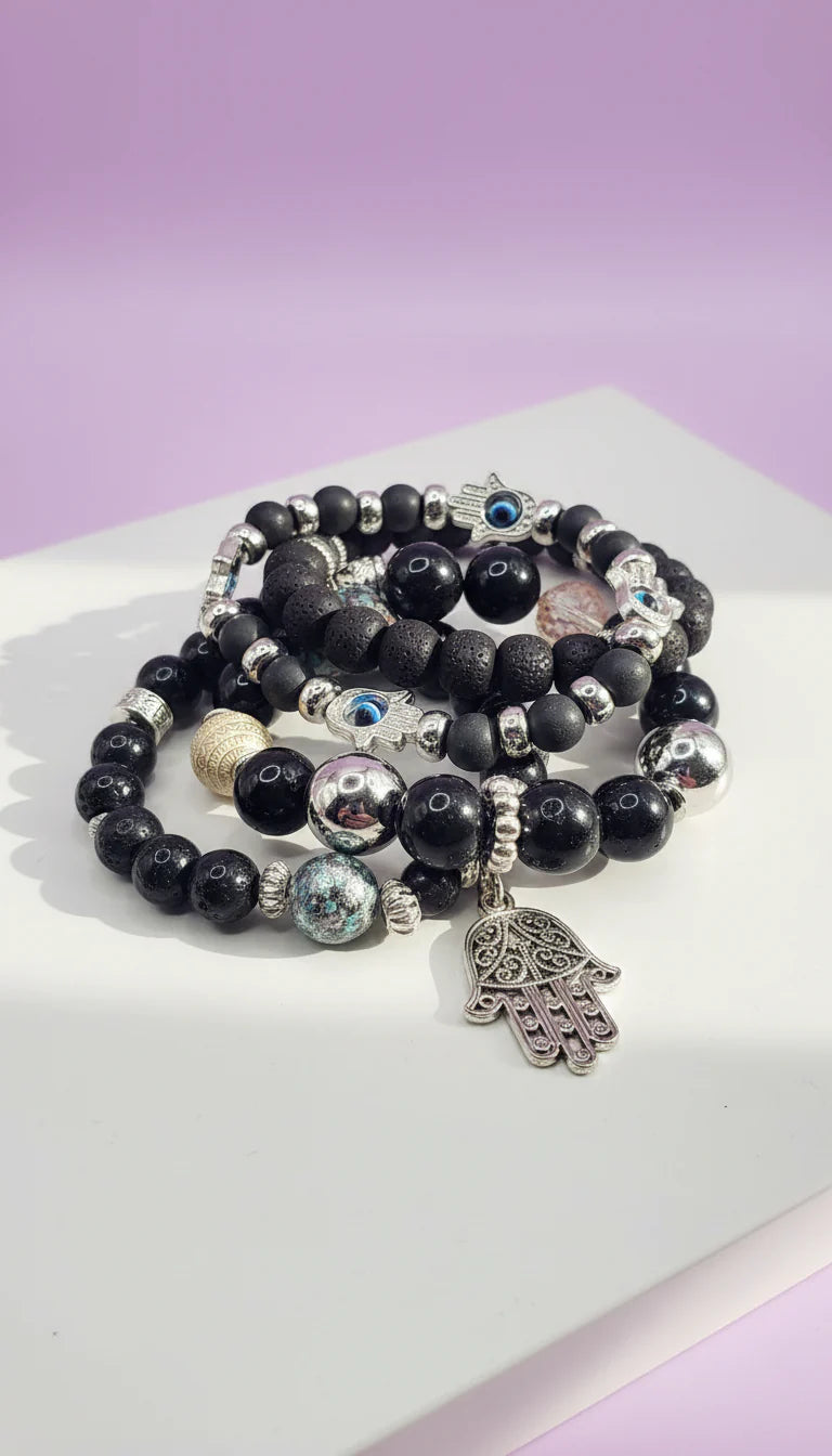 Silver Hamsa Charm Ceramic Beaded Bracelet Set