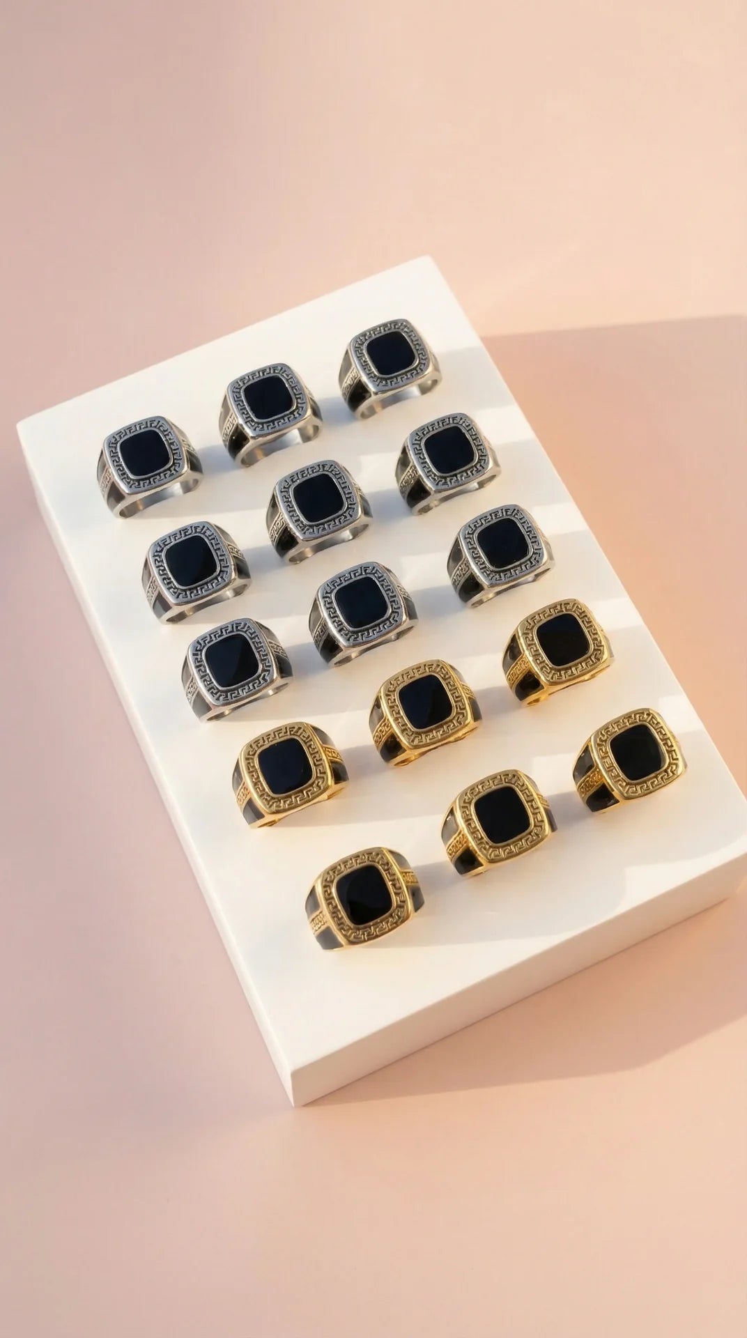 Stainless Steel Men's Greek Key Black Stone Signet Ring