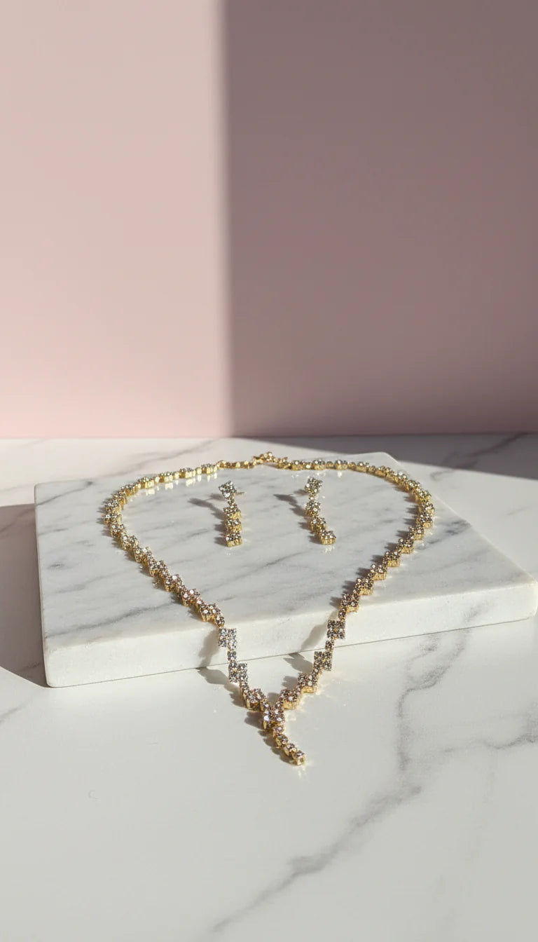 Square Cluster Statement Crystal Necklace & Earrings Set