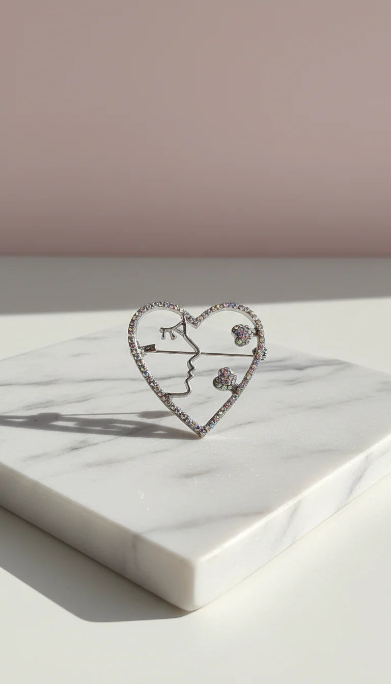 Profile & Open Heart Crystal Brooch