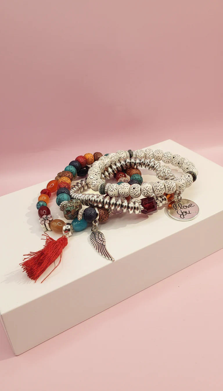 Wings & Tassel Ceramic Charm Beaded Bracelet Set