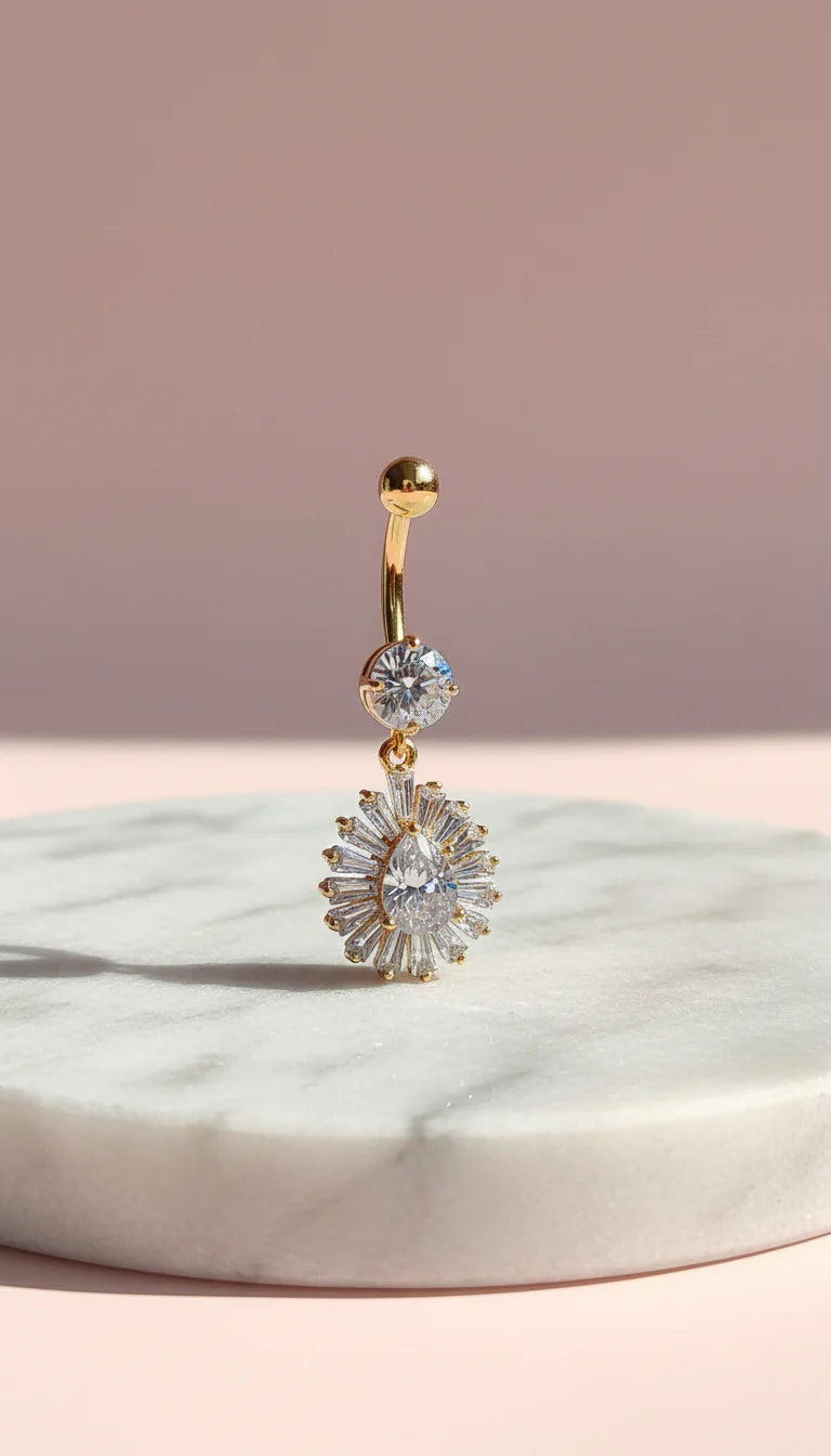 Teardrop Gold Plated Stainless Steel Crystal Belly Bar