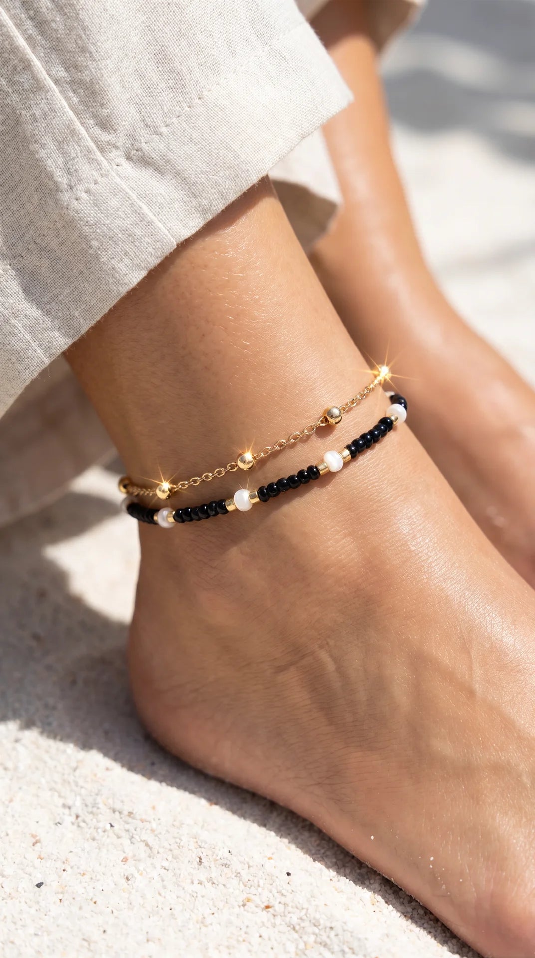 Layered Beaded Pull Tie Adjustable Anklet