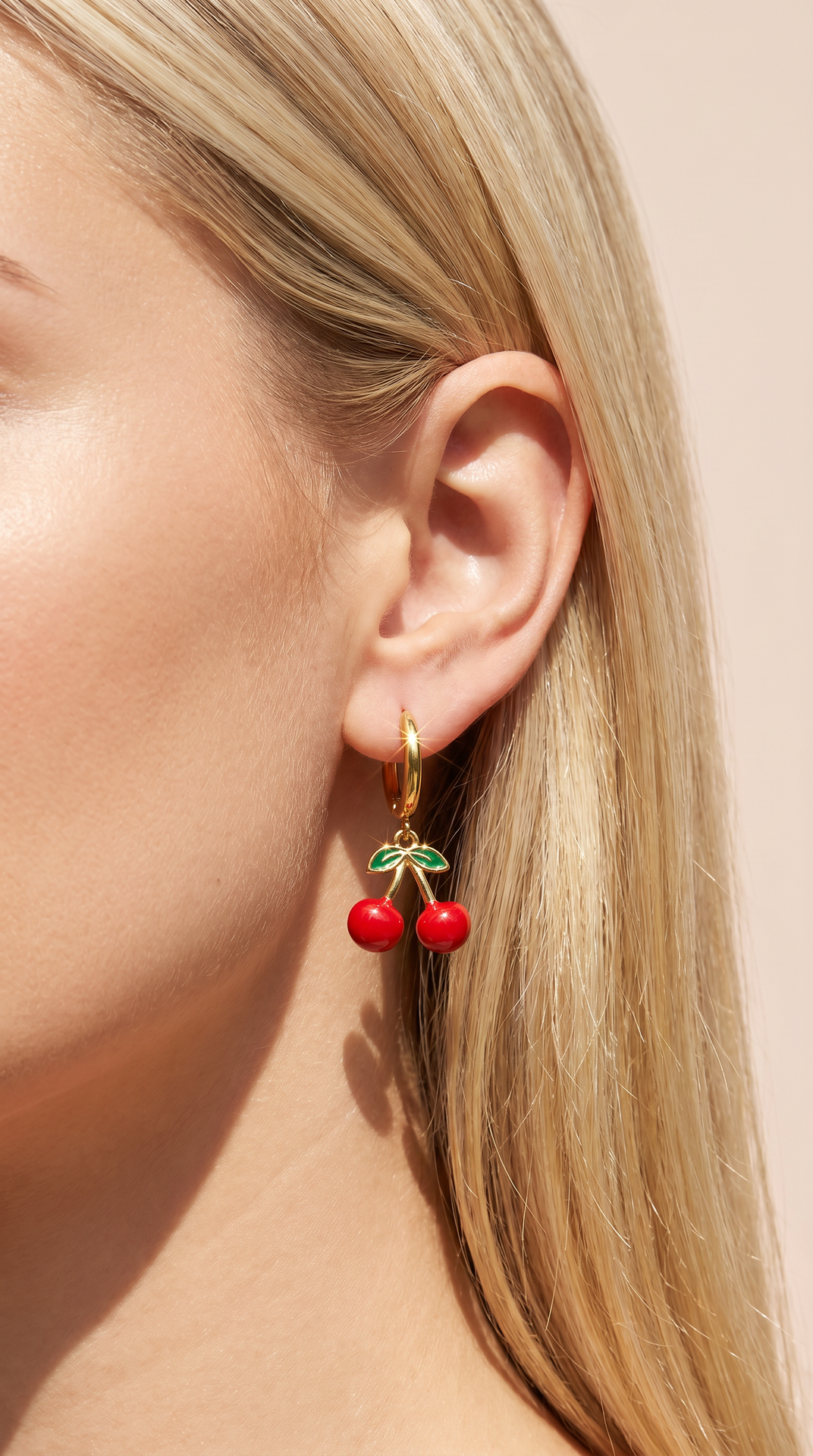 Red Cherry Huggie Hoop Gold Plated Steel Earrings