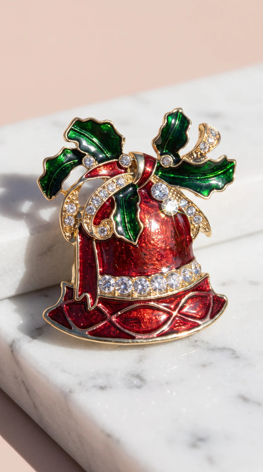 Holly Bells Christmas Festive Brooch Pin