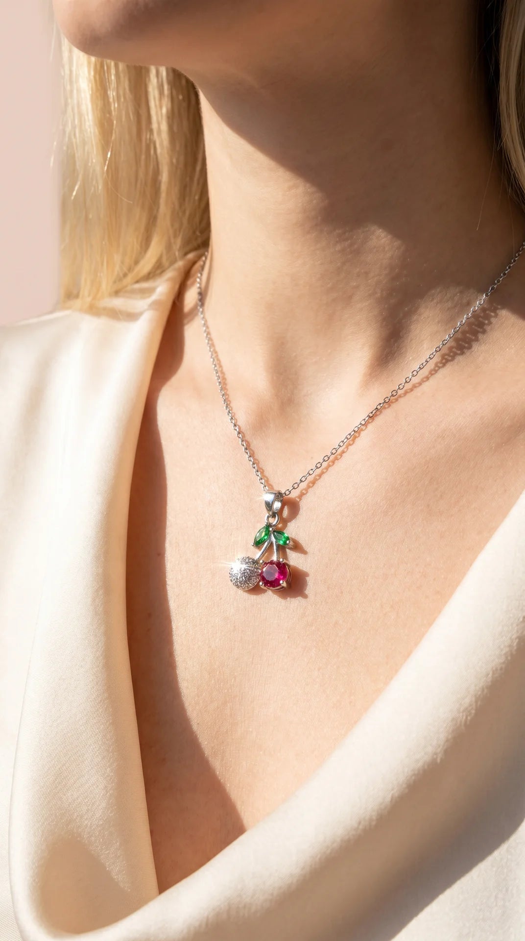 Red Cherry Crystal Stainless Steel Pendant Necklace