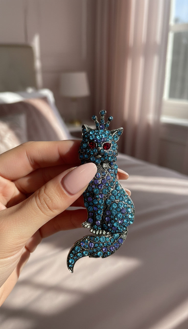 Blue Cat With Crown Crystal Brooch Pin Rhinestone Statement Jewellery