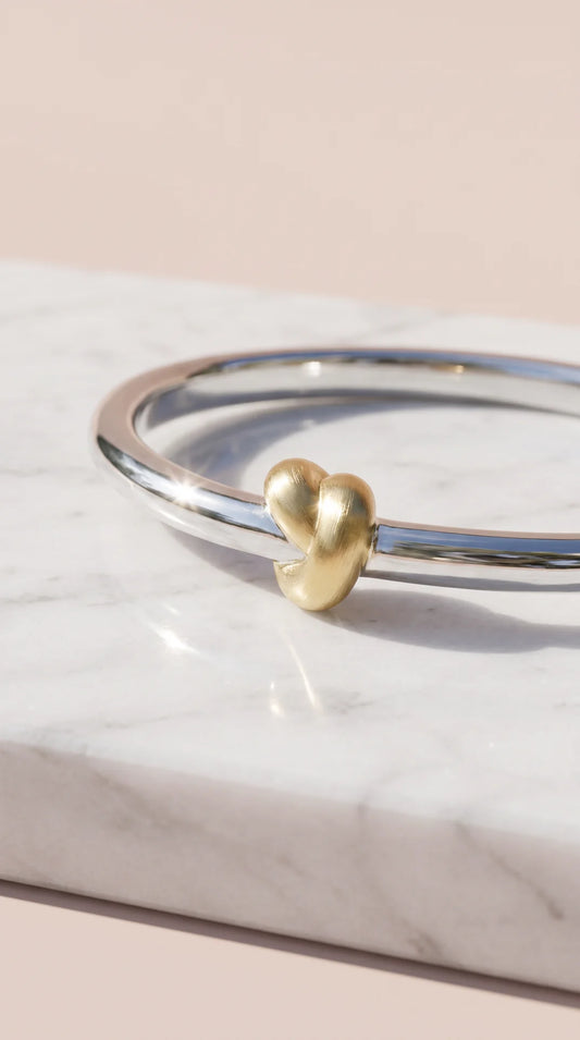 Two-Tone Stainless Steel Knot Bangle – Silver & Gold Open Cuff Bracelet
