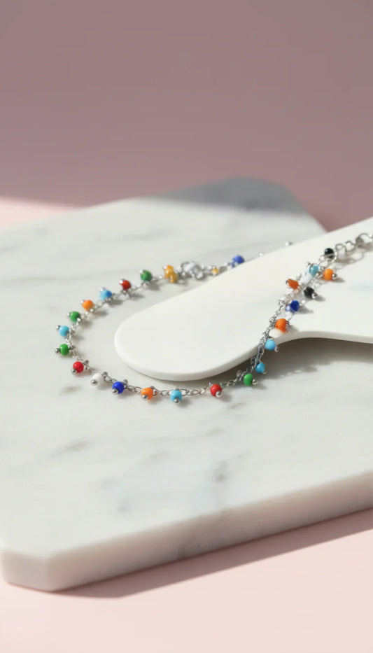 Rainbow Beaded Silver Anklet