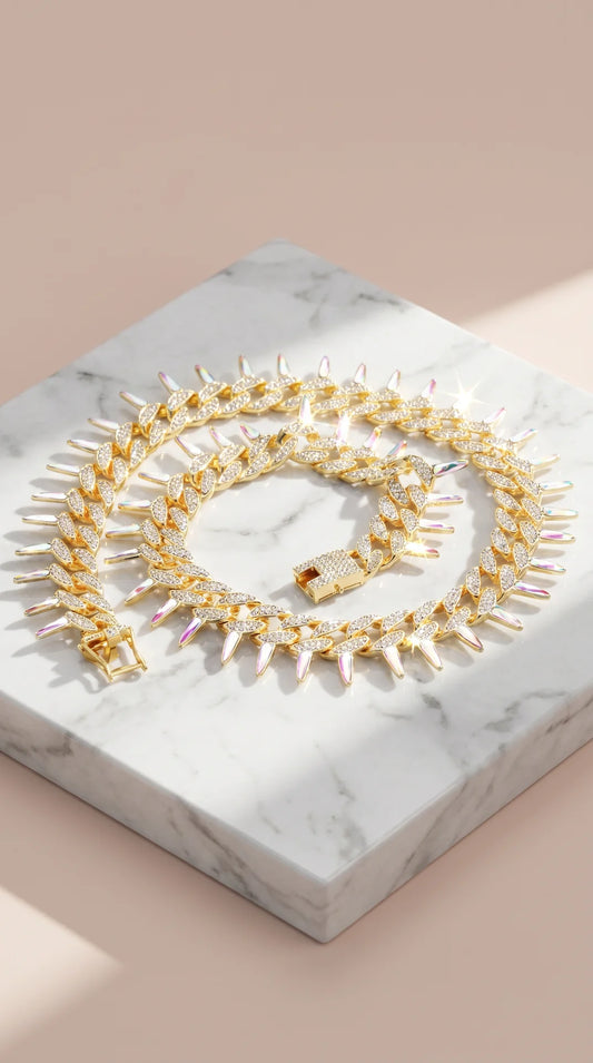 Gold Plated Crystal Spiked Curb Chain Necklace