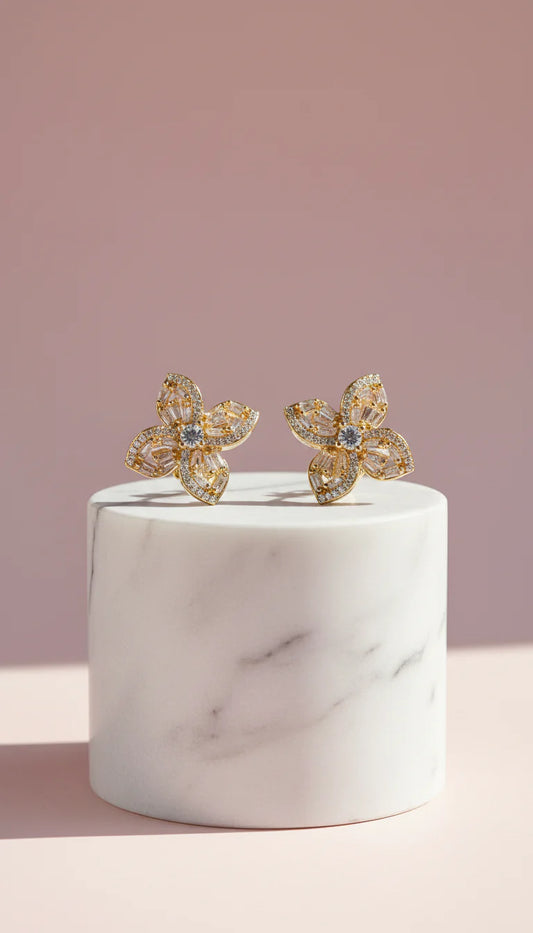 Gold Flower Crystal Stud Earrings