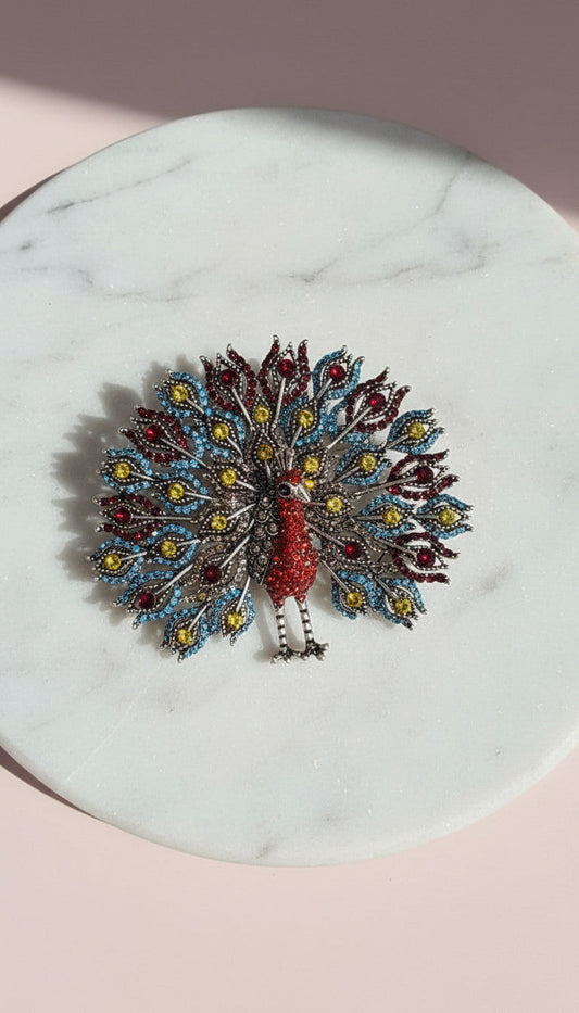 Crystal Silver Peacock Statement Brooch Rhinestone Pin
