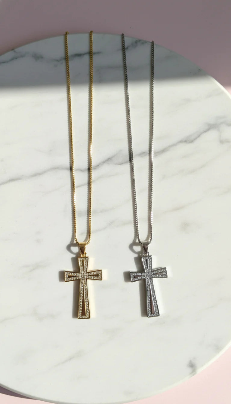 Waterproof Pavé Crystal Gold Plated Cross Stainless Steel Necklace