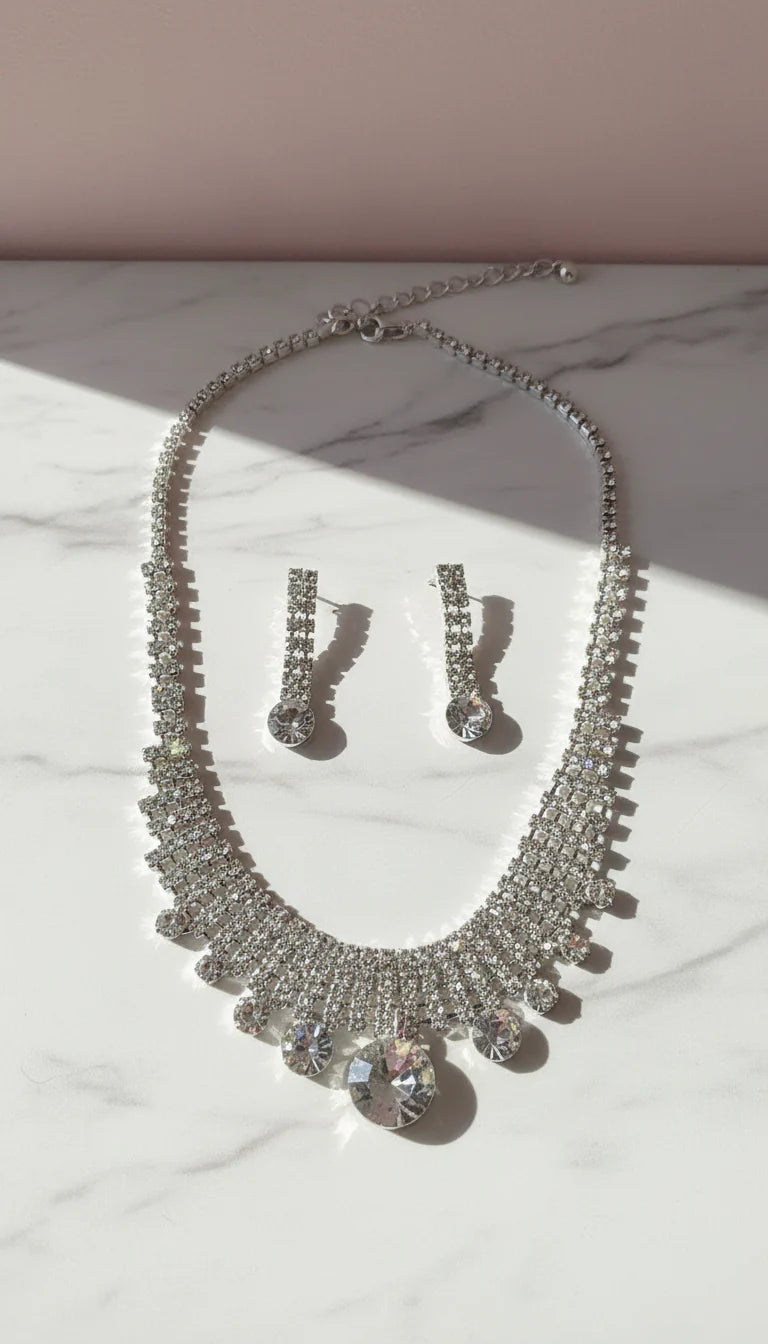 Round CZ Statement Crystal Necklace & Earrings Set