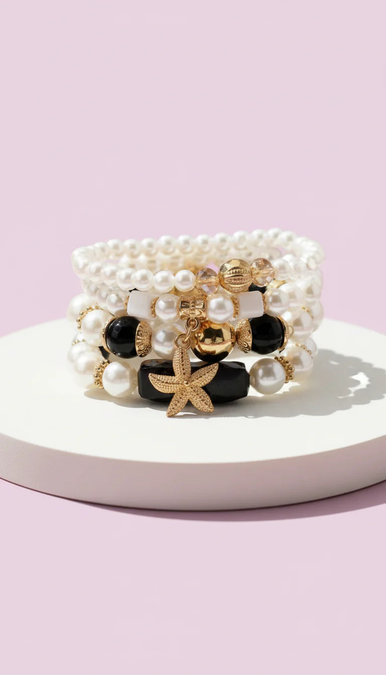Starfish Gold Charm Ceramic Beaded Bracelet Set