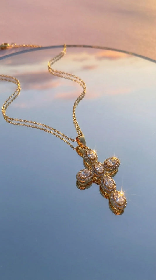 Stainless Steel Oval Crystal Cross Necklace