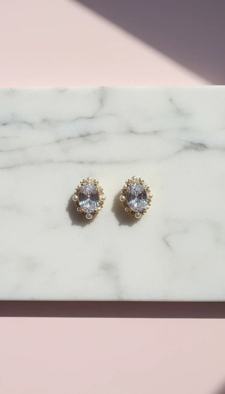 Pearl & Zircon Cluster Crystal Stud Earrings